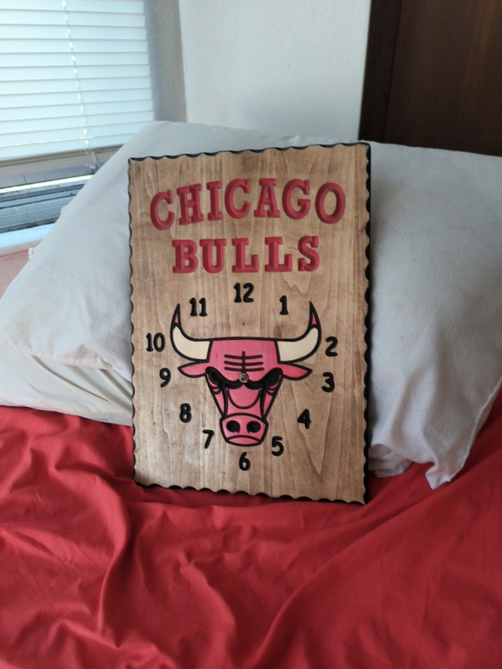 Chicago Bulls Wall Clock Sign - Pink and Natural Wood Missing Hands 16 X 11